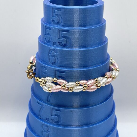 Cute Dainty White Pink Rice Pearl Beaded Gold Tone Spring Clasp Bracelet Boho - Picture 4 of 6